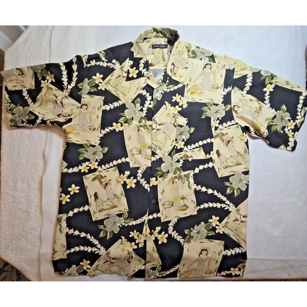 Vintage Silk Icon Hawaiian Button Down Shirt Luau Tropical Cruise Mens LARGE Lei
